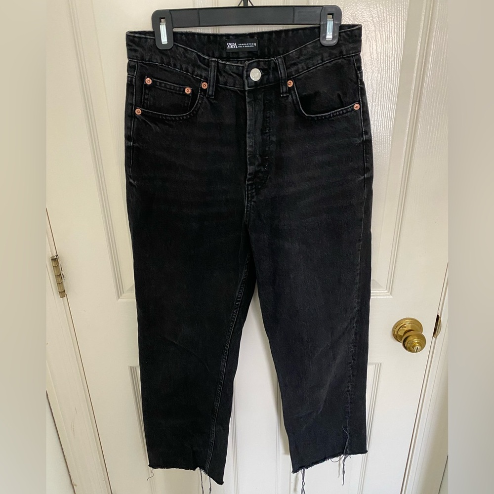 Zara black raw-hemmed straight leg jeans. High waisted
